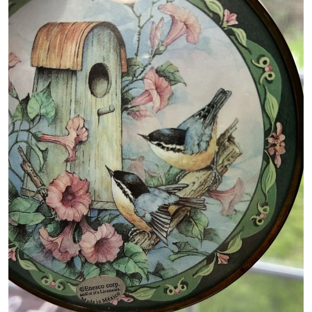 Enesco Suncatcher Birdhouse Morning Glories Birds Decorative Plate Gold Rim Vtg
